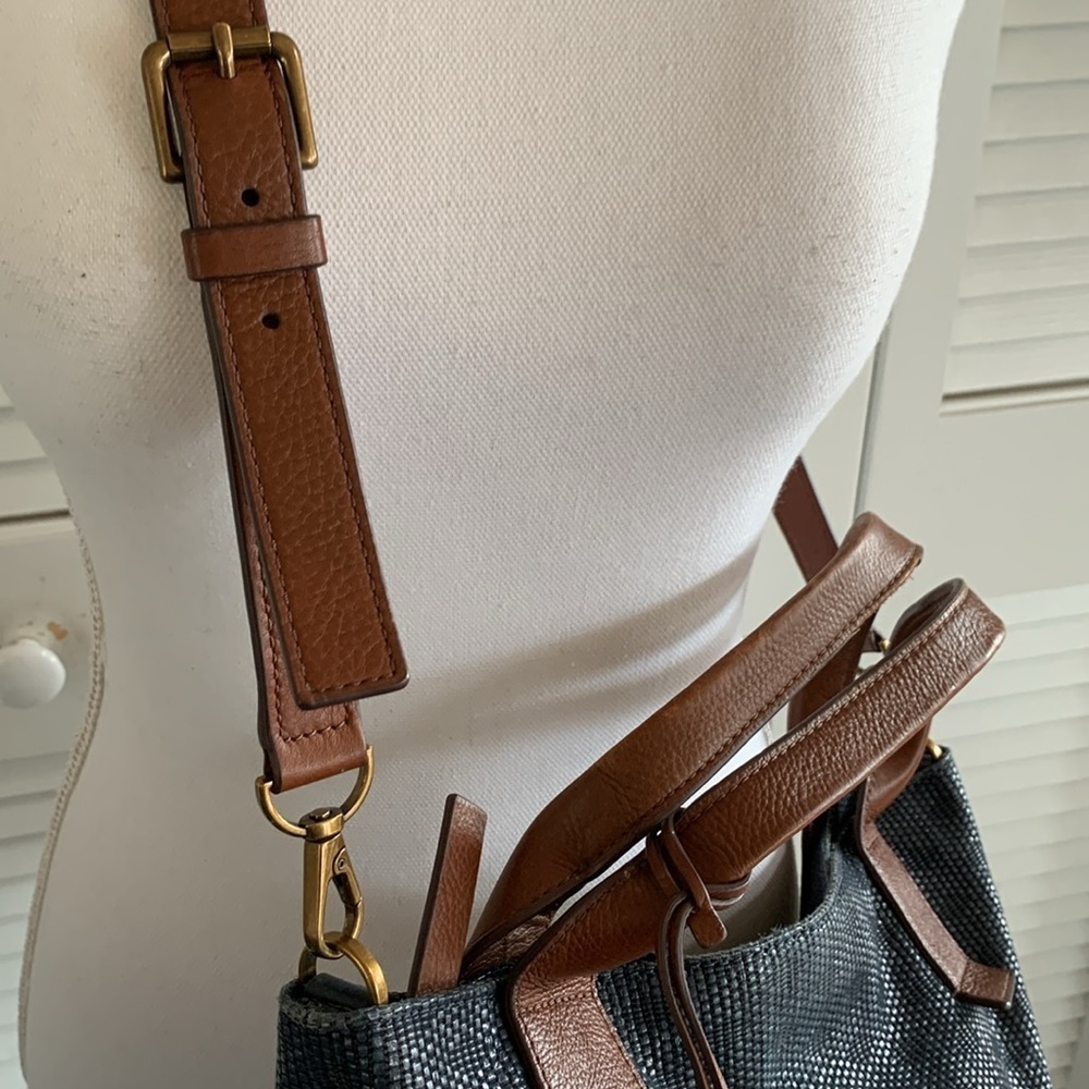 Fossil Emerson Satchel Purse Navy Blue Straw Leather Trim & Straps Crossbody Bag - Picture 4 of 14